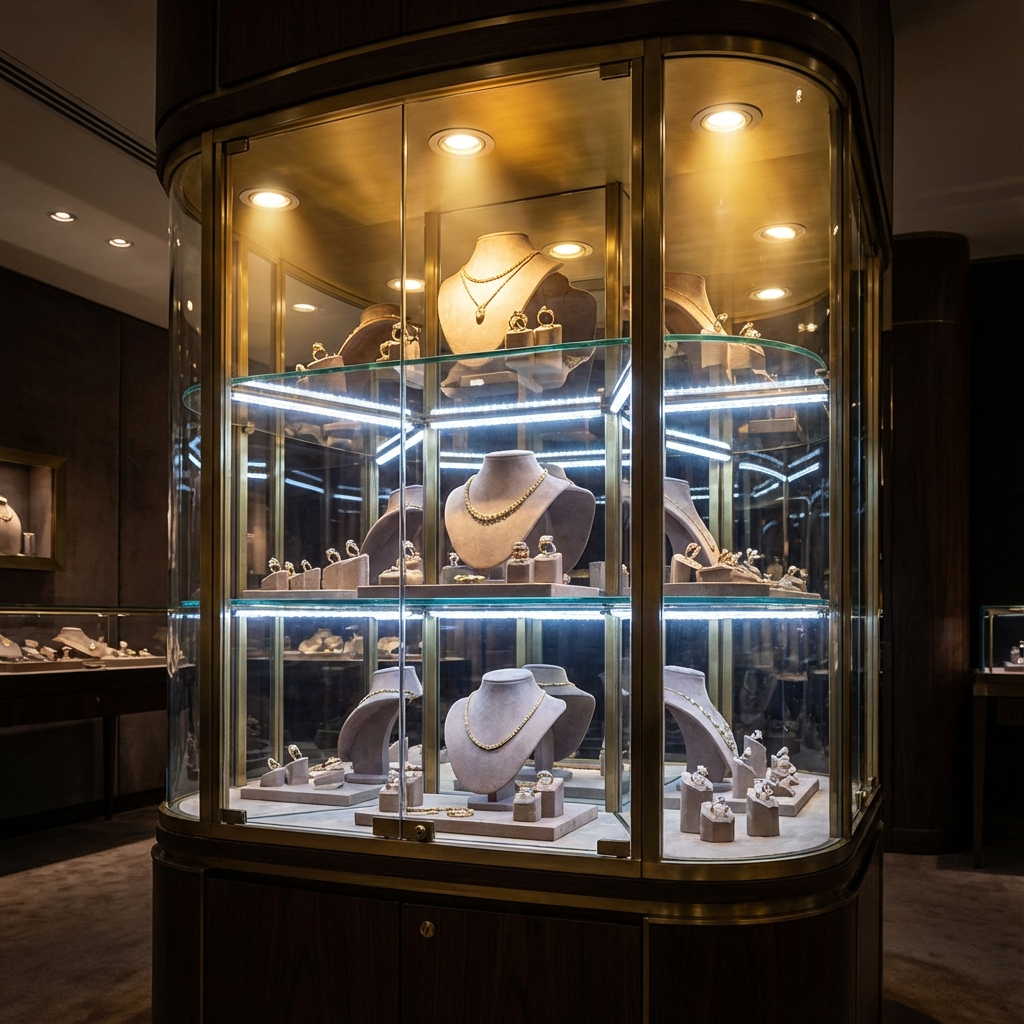 LED lighting illuminating jewelry in display cabinet